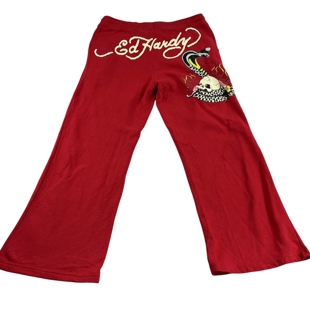 Ed Hardy Baggy Men XL Skull Cobra Wide Leg Sweatpants Red Y2K Christian Audigier